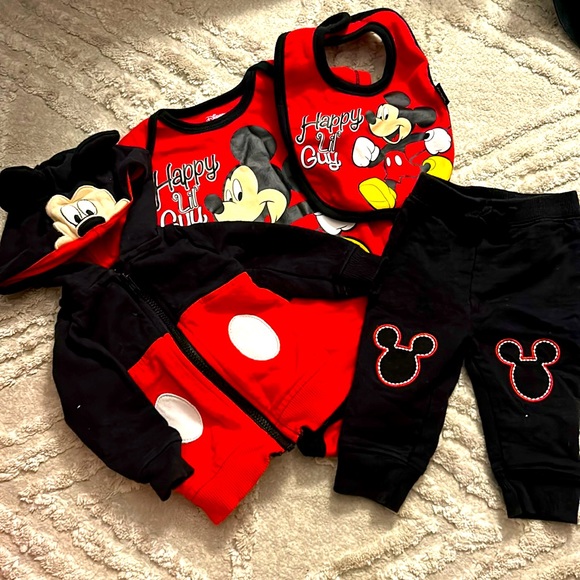 Mickey Mouse 0-3 Months Matching Set Pants Onesie Hooded Ears Zip Up Sweatshirt - Picture 1 of 7
